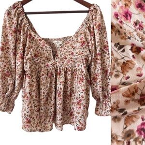 ENTRO Top Boho Peasant Prairie Coquette Milkmaid Cottagecore Floral Smocked Sz L